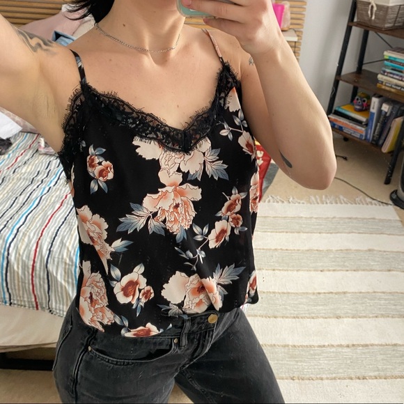 Lace lined floral black camisole with pink flowers - Picture 2 of 6